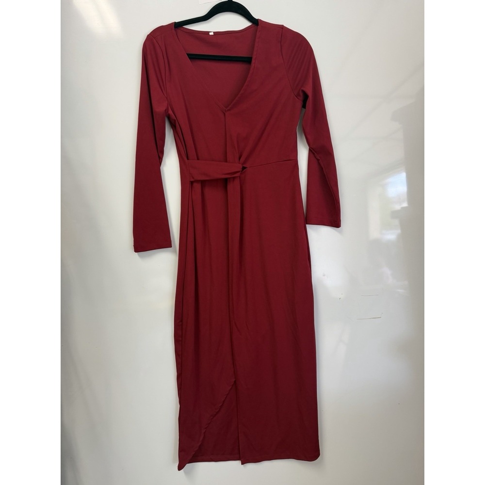 Elegant Red Midi Dress Long Sleeve V-Neck Solid Color Tie Front Wrap Look Sz S